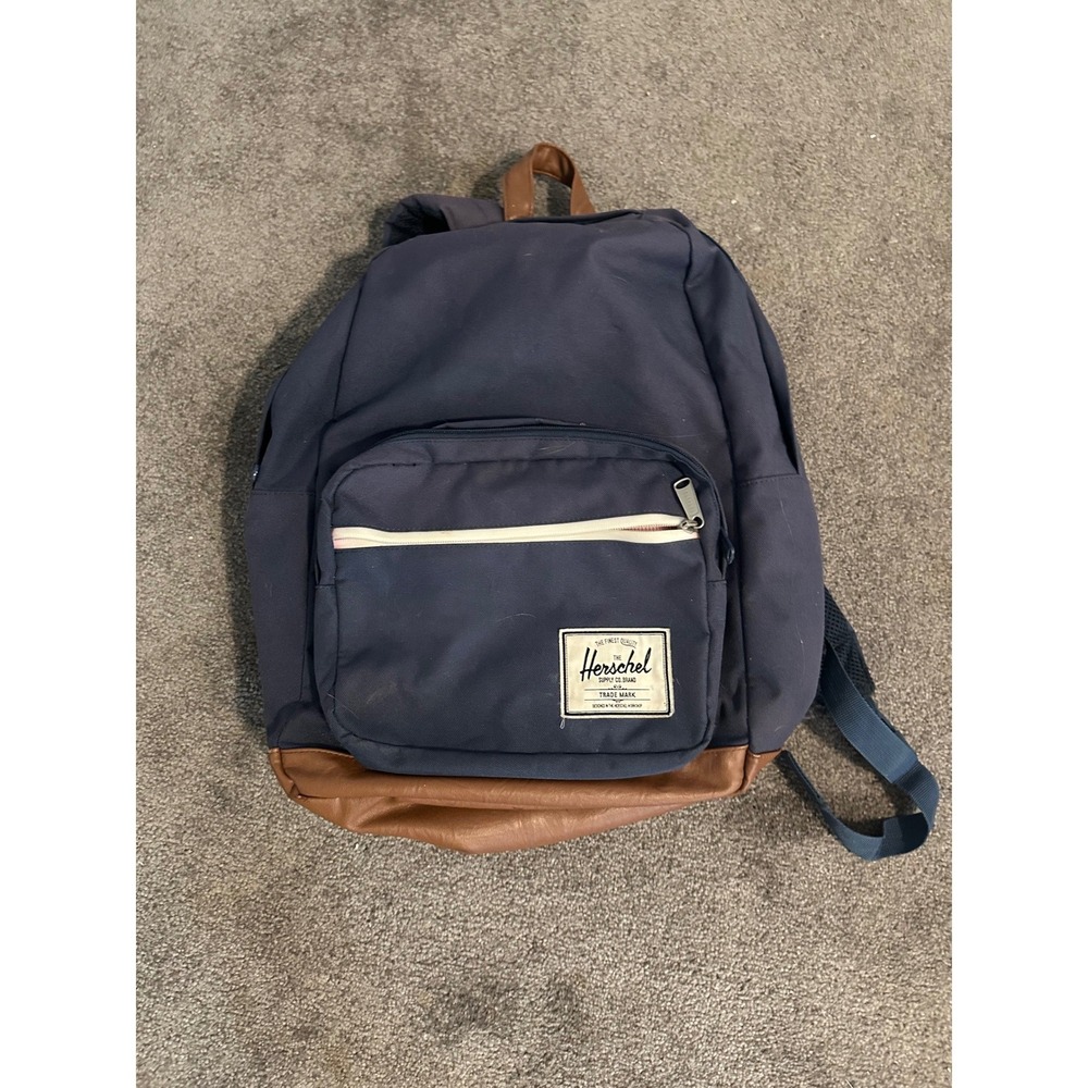Herschel Supply Co Pop Quiz Backpack Navy Blue Tan Faux Leather Bottom Bag